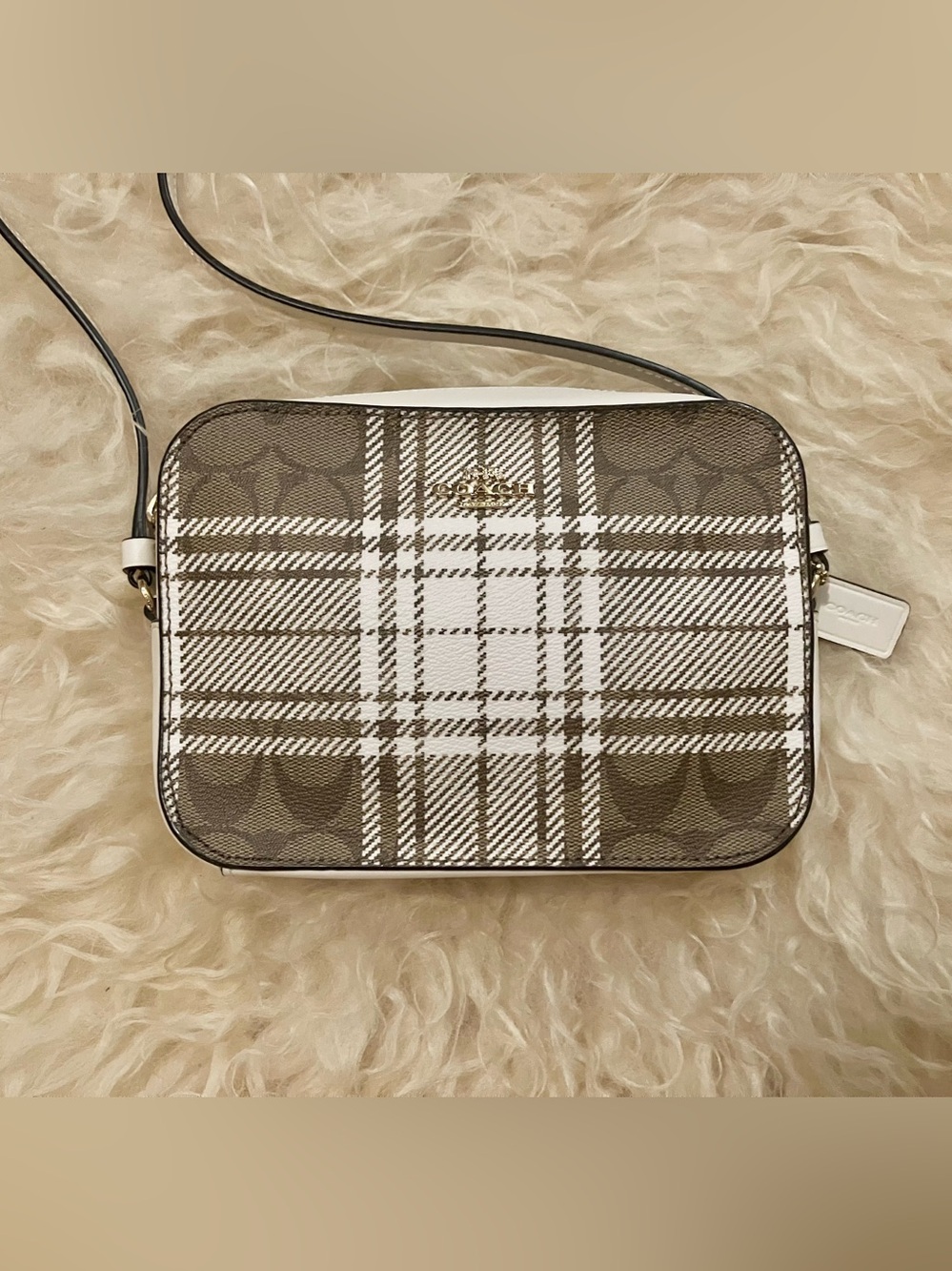 NWOT Coach Mini Camera Bag Signature Canvas With Hunting Fishing Plaid Print